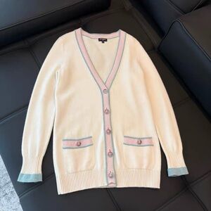 Authentic CHANEL Cream Cardigan with Pink and Blue Details